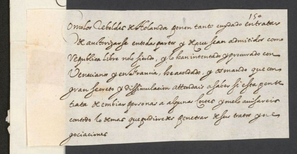 Miniatura de [Real cédula, cifrada, de Felipe III al Conde de Añover ordenando averigüe si los holandeses tratan de enviar personas a algunas cortes europeas y las negociaciones que en ellas traten]