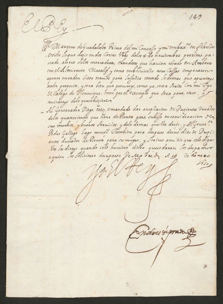 Miniatura de [Real cédula de Felipe III al Marqués de Guadalest sobre el castigo de Enrique Oens, la ampliación de la renta que disfruta el hijo del gobernador Diego Ortiz y la donación de 200 ducados al gobernador Pedro Gallego]