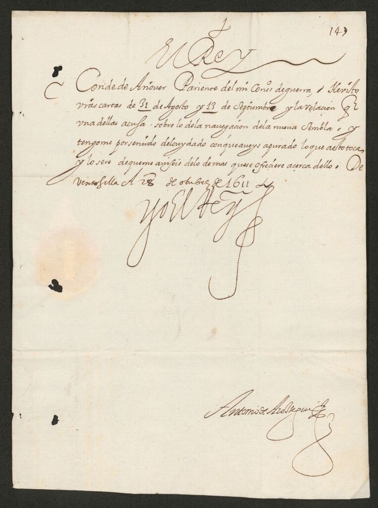Miniatura de [Real cédula de Felipe III dirigida al Conde de Añover agradeciéndole la información acerca de los navíos que al parecer se dirigían a Nueva Zembla]