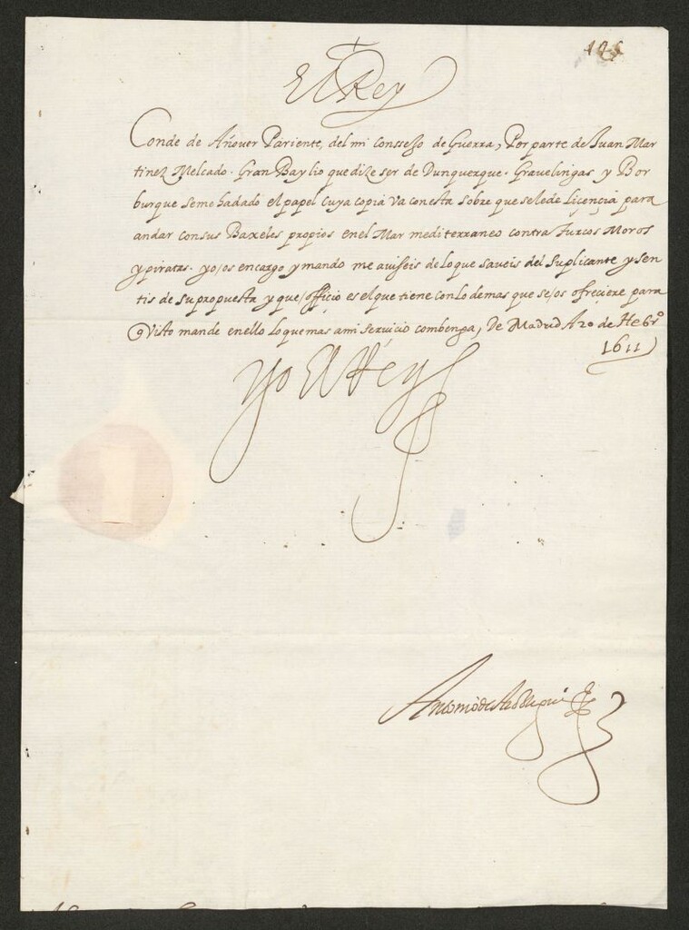 Miniatura de [Real cédula de Felipe III al Conde de Añover sobre la petición del Gran Bailio Juan Martínez Mellado que desea licencia para navegar en el Mediterráneo contra turcos, moros y piratas]