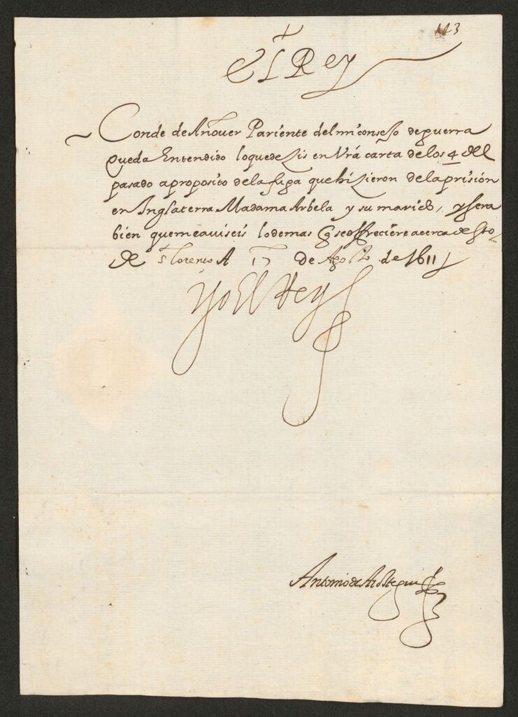 Miniatura de [Real cédula de Felipe III al Conde de Añover acusando recibo de la suya de 4 del pasado y pidiendo que le tenga informado de las novedades que hubiera sobre la fuga de Madame de Arbela y su marido]