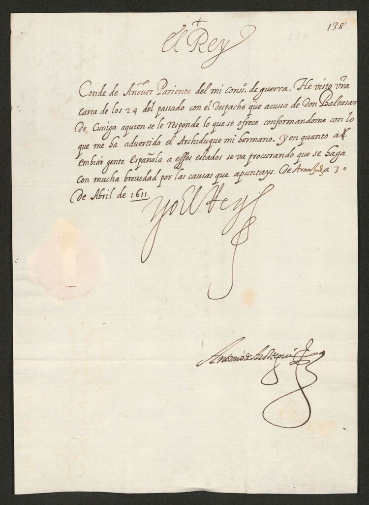 Miniatura de Real cédula de Felipe III dirigida al Conde de Añover acusando recibo de una carta suya de 24 del pasado acompañada de un despacho de D. Baltasar de Zúñiga   1