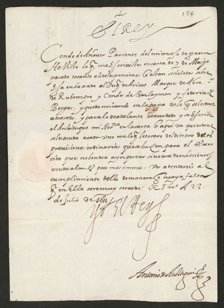 Miniatura de [Real cédula de Felipe III dirigida al Conde de Añover dándole instrucciones sobre la paga de ciertas pensiones señaladas sobre la embajada en Flandes al Duque de Ariscot y otros]