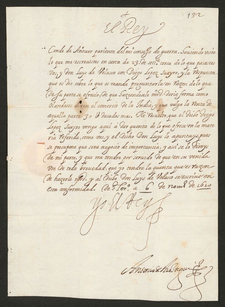 Miniatura de [Real cédula de Felipe III dirigida al Conde de Añover sobre las conversaciones mantenidas con Diego López Sueyro para impedir el comercio de los holandeses con la India]