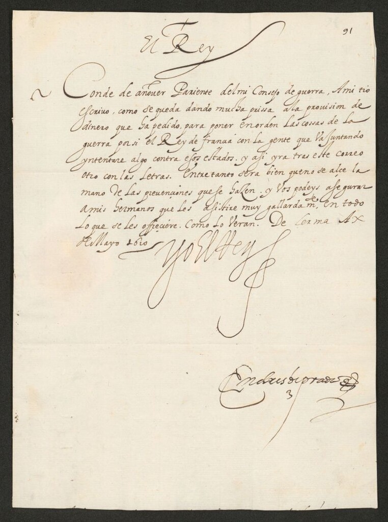 Miniatura de [Real cédula de Felipe III al Conde de Añover comunicándole que ha escrito a su tío, el Archiduque Alberto, anunciándole el envío de dinero para poner en orden las cosas de la guerra en previsión de los movimientos de Francia]
