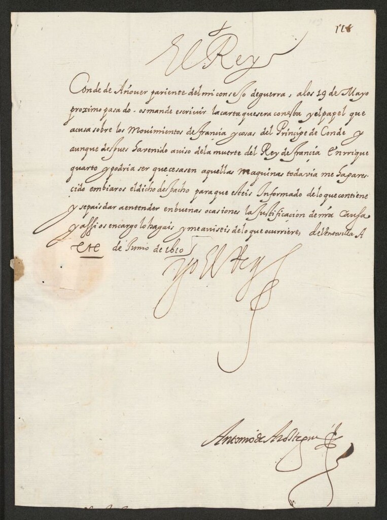 Miniatura de [Real cédula de Felipe III a D. Rodrigo Niño Laso, conde de Añover, informándole de la muerte de Enrique IV de Francia y la posibilidad de que se modificasen los movimientos de Francia y la situación del Príncipe de Condé]