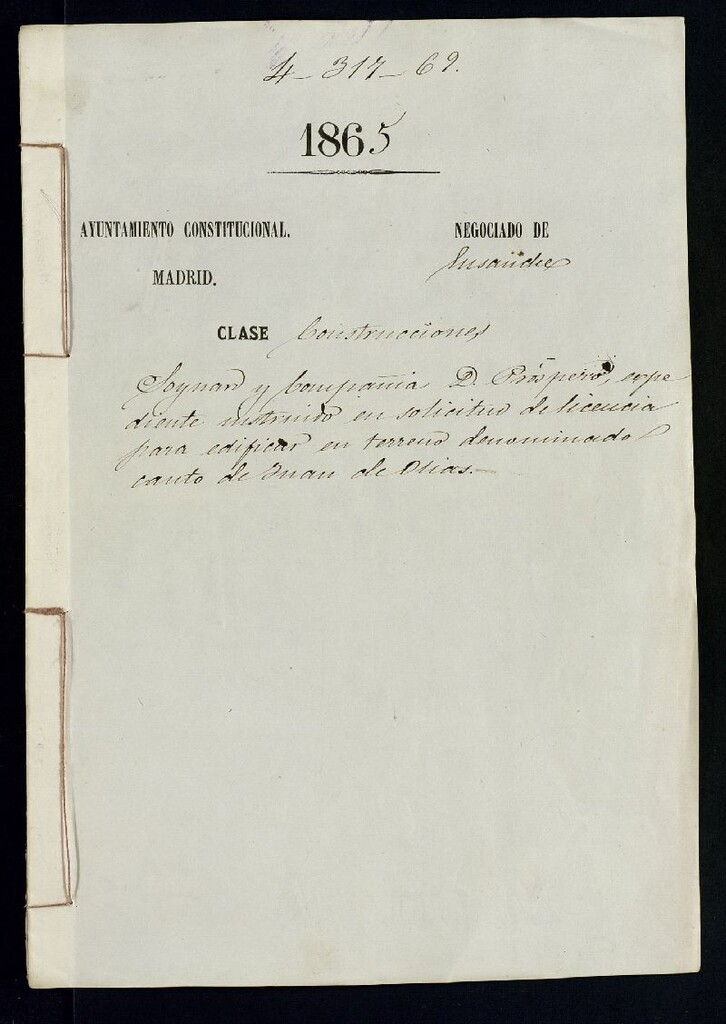 Miniatura de D. Próspero Soynard y Compañía, expediente instruido en solicitud de licencia para edificar en terreno denominado canto de Juan de Olías.