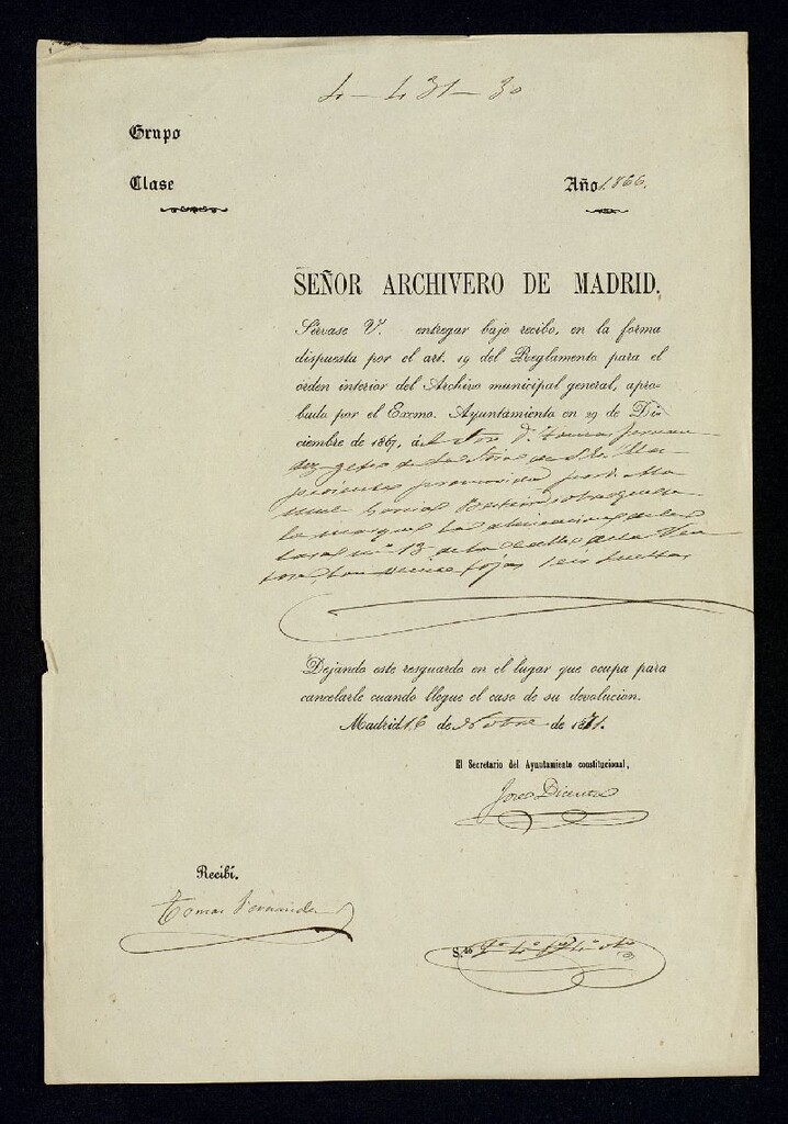 Miniatura de Resguardo de entrega del expediente 4-431-30 a D. Tomás Fernández.