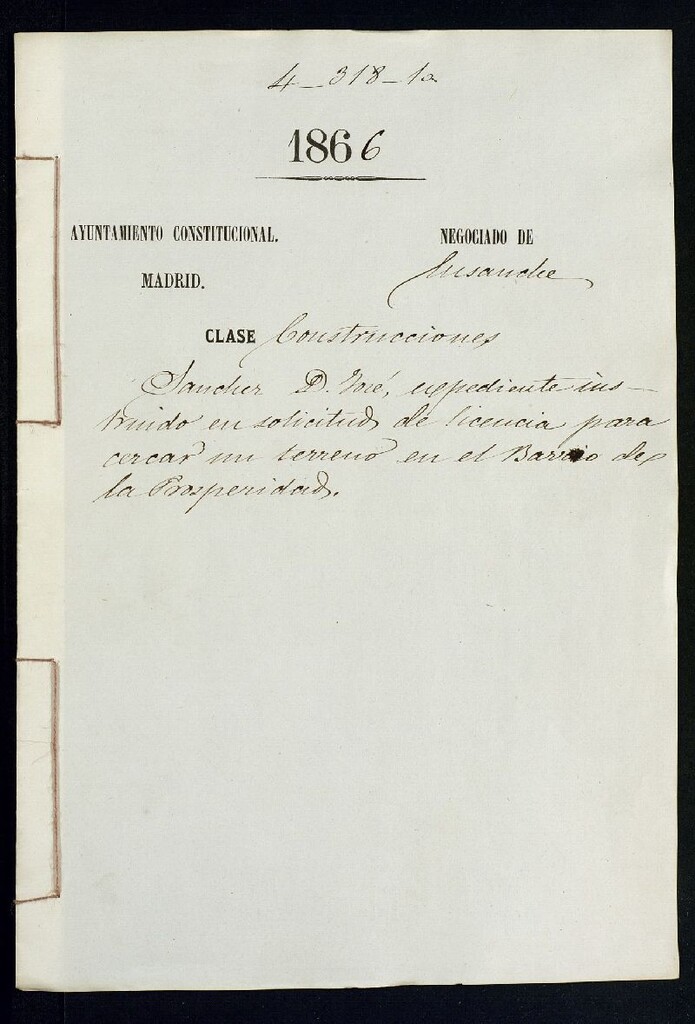 Miniatura de D. José Sánchez, expediente instruido en solicitud de licencia para cercar un terreno en el Bario del la Prosperidad.