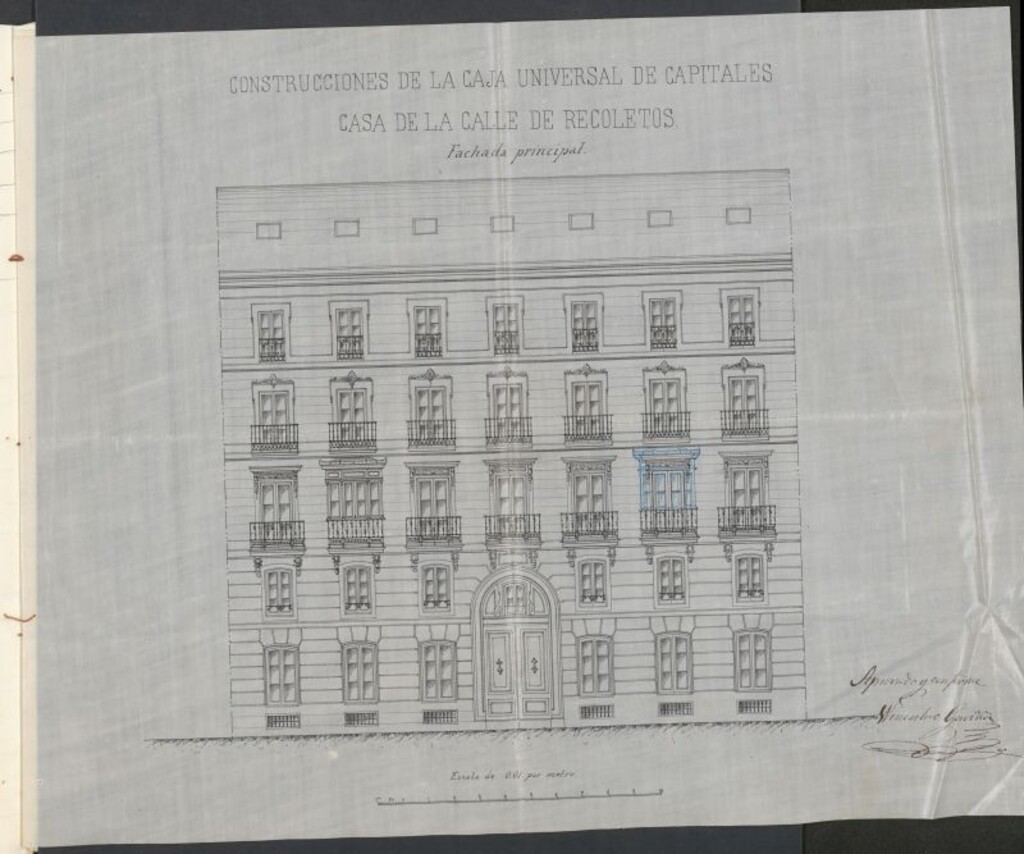 Miniatura de D. José Luis Retortillo, en solicitud de licencia para edificar en un solar propio de la Sociedad Caja Universal de Capitales, sito en la calle de Recoletos, lindante con otros solares.