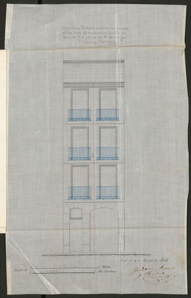 Miniatura de D. Santiago de Velasco e Ibarrola, en solicitud de licencia para construir de nueva planta la casa de su propiedad, sita en la calle de Quevedo nº 6, manzana 334.