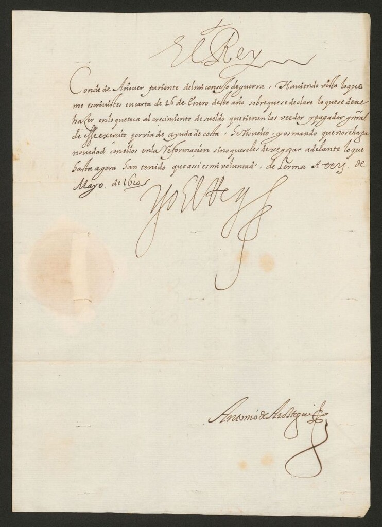 Miniatura de Real cédula de Felipe III al Conde de Añover ordenando que el veedor y pagador general del ejército de Flandes sigan cobrando lo mismo, por no entrar estos en la reformación de sueldos