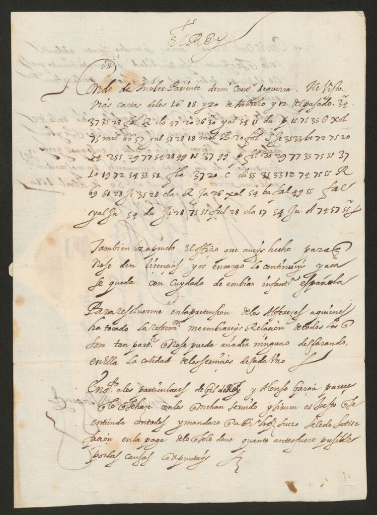 Miniatura de [Real cédula, en parte cifrada, de Felipe III al Conde de Añover sobre los asuntos del Príncipe de Condé, la denegación de licencias en el ejército de Flandes y otros asuntos relativos a la reformación de sueldos en aquel ejército]
