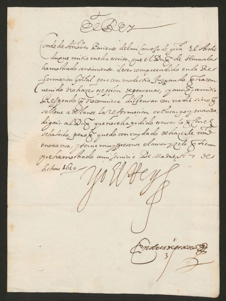Miniatura de Real cédula de Felipe III al Conde de Añover para que manifieste al Duque de Aumale no haberle podido excusar de la reformación de sueldos del ejército de Flandes]