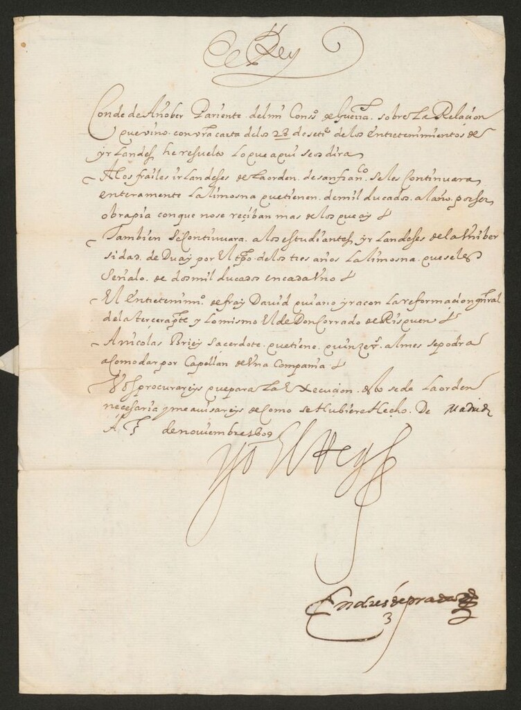 Miniatura de Real cédula de Felipe III al Conde de Añover sobre la reformación del sueldo de los irlandeses de Flandes