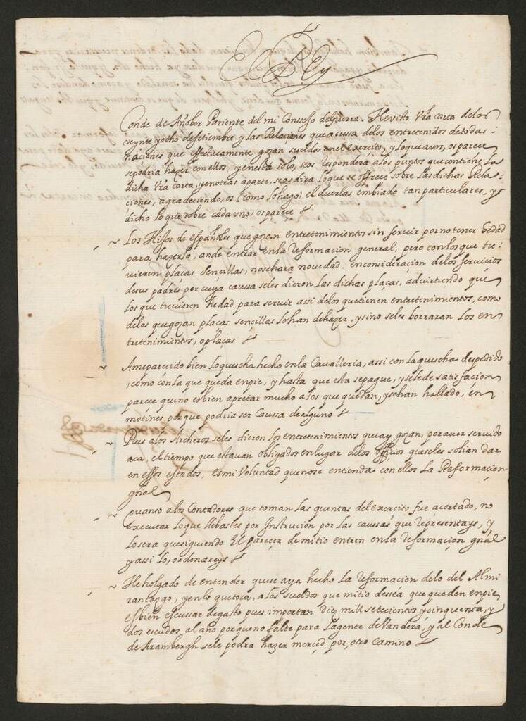 Miniatura de Real cédula de Felipe III al Conde de Añover sobre diferentes extremos de la reformación del ejército de Flandes entre los que figuran los sueldos de los hijos de españoles, despido de parte de la caballería, reformación del Almirantazgo, sueldos de frailes etc