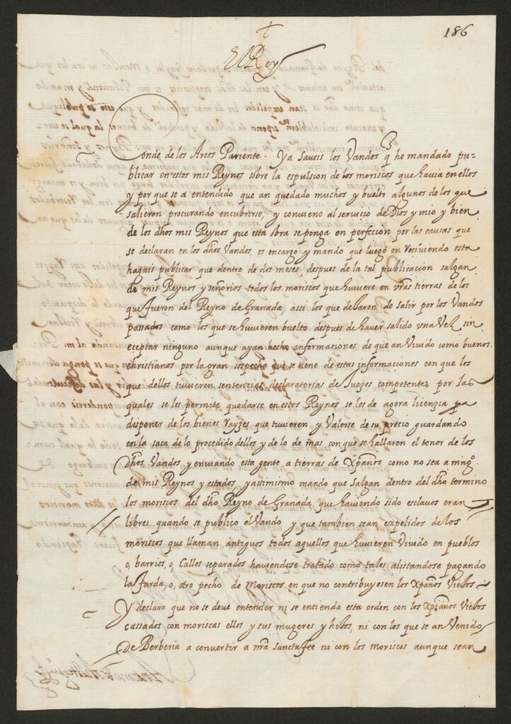 Miniatura de [Real cédula de Felipe III al Conde de Arcos sobre como proceder en la expulsión de los moriscos, debiendo salir incluso los antiguos tenidos por buenos cristianos, aunque a estos se les permitirá vender sus bienes raices]