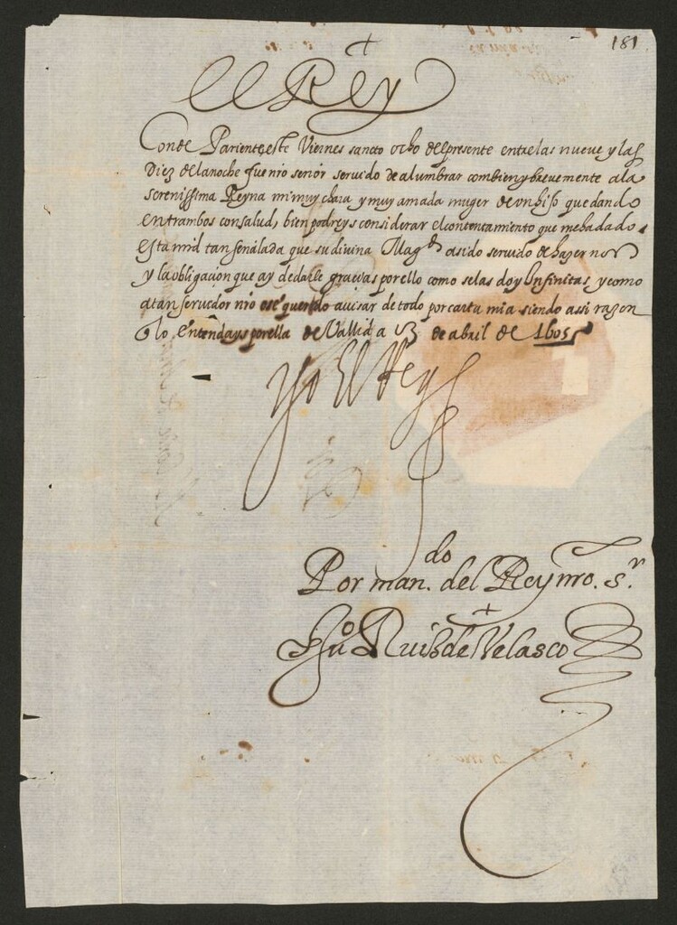 Miniatura de [Real cédula de Felipe III al Conde de los Arcos comunicándole el nacimiento de un infante, el futuro Felipe IV]
