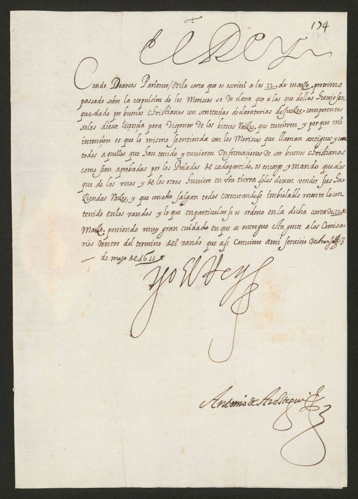 Miniatura de [Real cédula de Felipe III al Conde de Arcos sobre como proceder en la expulsión de los moriscos antiguos tenidos por buenos cristianos]