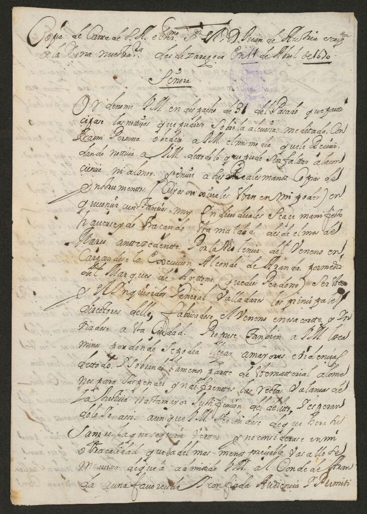 Miniatura de Copia de Carta de S.M. el Ser.mo D. Juan de Austria escr[i]ta a la Reina Nuestra S[eñor]a desde Zaragoza. En 14 de Abril de 1670