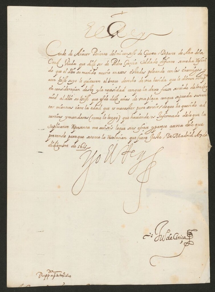 Miniatura de [Real cédula de Felipe III al Conde de Añover sobre la petición de Ana de la Cruz, viuda del soldado Pedro García, solicitando una plaza para su hijo menor]