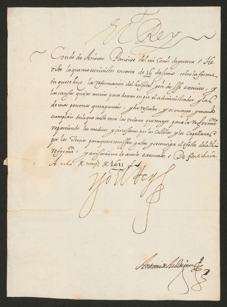 Miniatura de [Real cédula de Felipe III dirigida al Conde de Añover ordenándole que cumpla lo que tiene mandado en la reformación del ejército de Flandes sobre el Hospital General del dicho ejército]