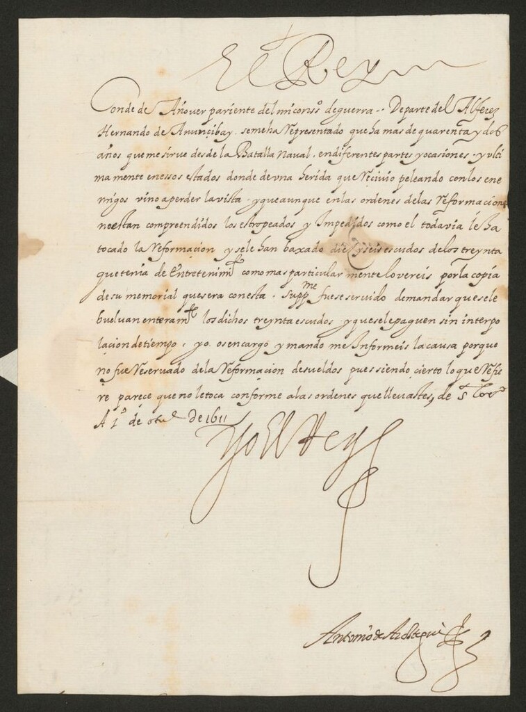 Miniatura de [Real cédula de Felipe III al Conde de Añover encargándole le informe sobre el memorial adjunto que le ha presentado el alférez Hernando de Anunçibay]