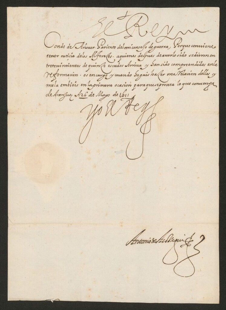 Miniatura de [Real cédula de Felipe III al Conde de Añover ordenándole que envíe una relación de los alféreces que han sido comprendidos en la reformación del ejército de Flandes]