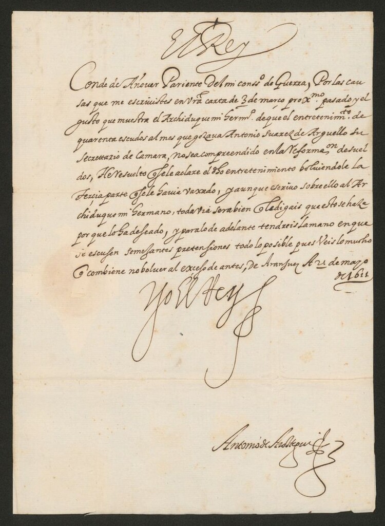 Miniatura de Real cédula de Felipe III al Conde de Añover ordenándole que no se incluya en la reformación de sueldos el de Antonio Suárez de Arguello, secretario de cámara del Archiduque
