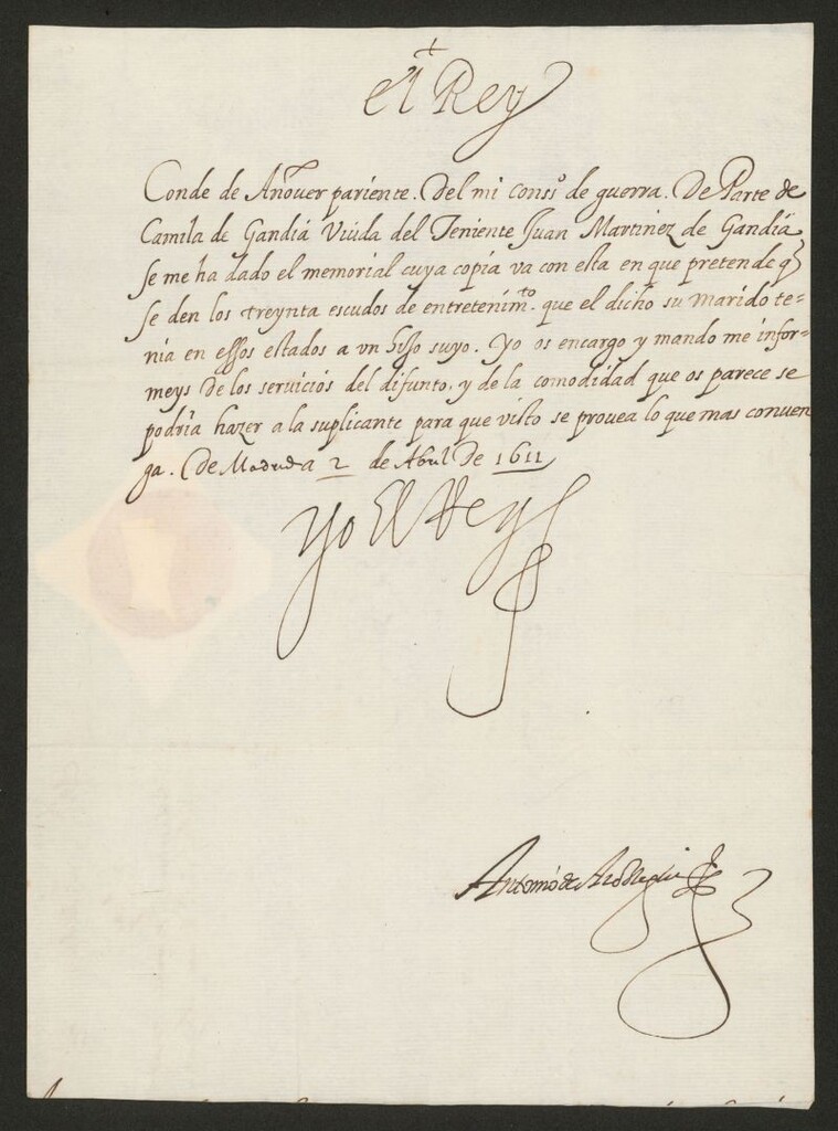 Miniatura de [Real cédula de Felipe III al Conde de Añover encargándole le informe sobre el memorial adjunto que le ha presentado Camila de Gandía, viuda del teniente Juan Martínez de Gandía]