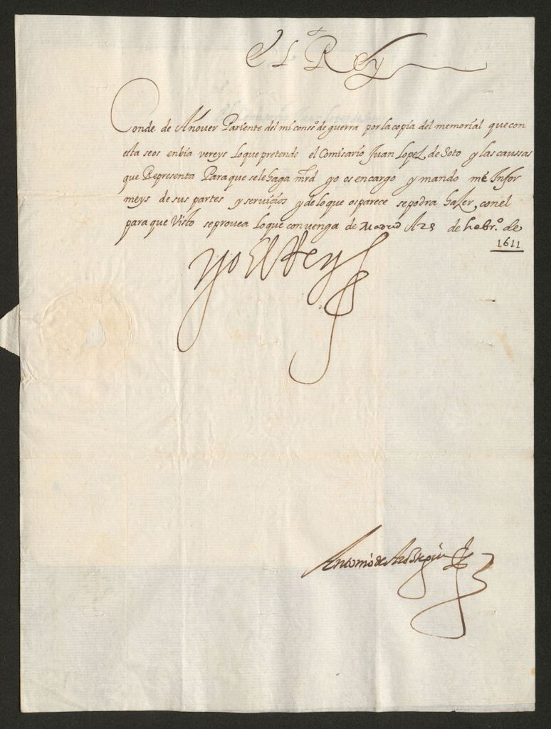 Miniatura de [Real cédula de Felipe III al Conde de Añover encargándole que le informe sobre la solicitud adjunta, que le hace el comisario Juan López de Soto]