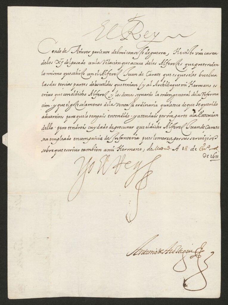 Miniatura de [Real cédula de Felipe III dirigida al Conde de Añover sobre la reformación de las pagas de los alféreces, y especialmente la de Juan de Zárate]