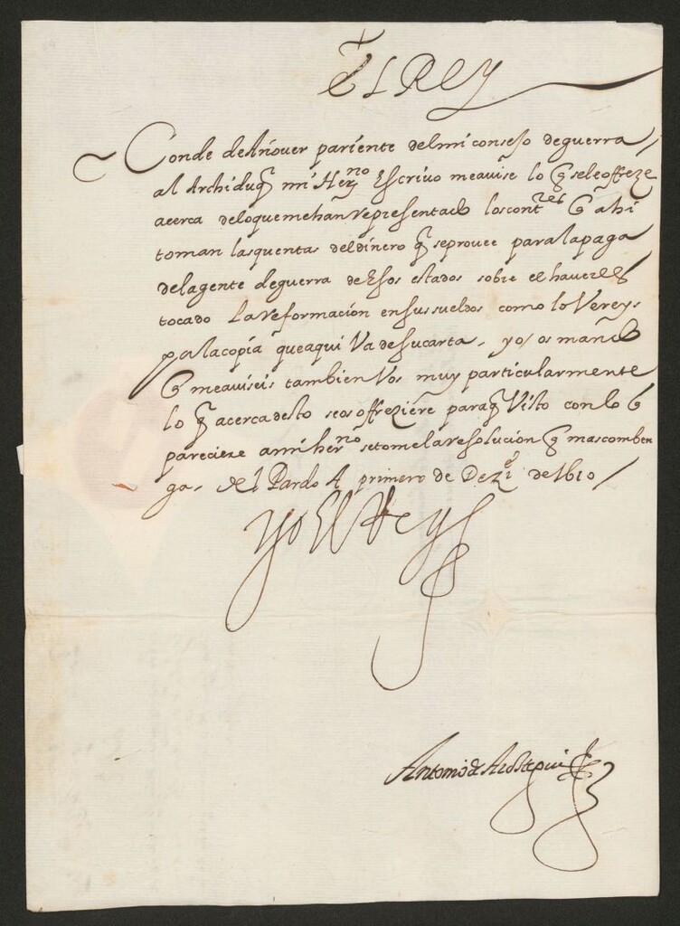 Miniatura de [Real cédula de Felipe III a D. Rodrigo Niño Laso, conde de Añover, ordenando que le informe sobre el memorial adjunto de los contadores del ejército, que solicitan que no se incluyan sus sueldos en la reformación general]