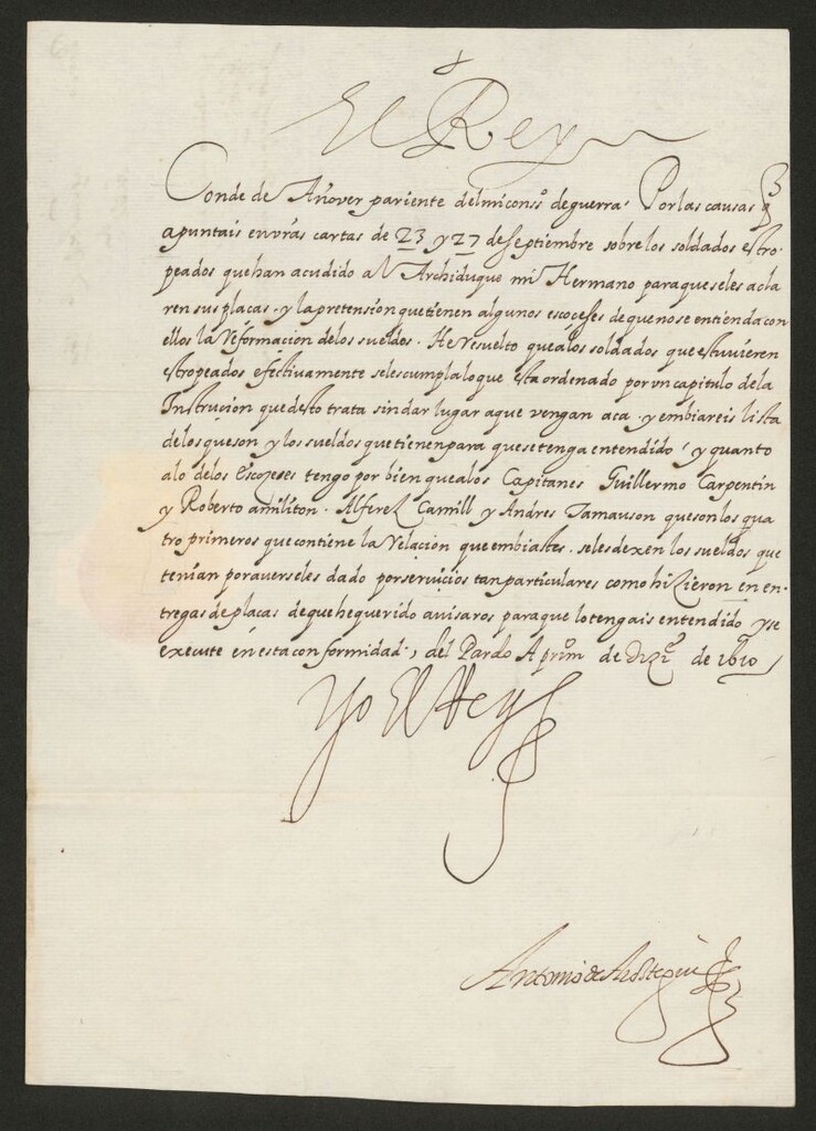 Miniatura de Real cédula de Felipe III a D. Rodrigo Niño Laso, conde de Añover, disponiendo se cumpla lo que tiene ordenado sobre la reformación del ejército de Flandes en lo referente a los soldados estropeados
