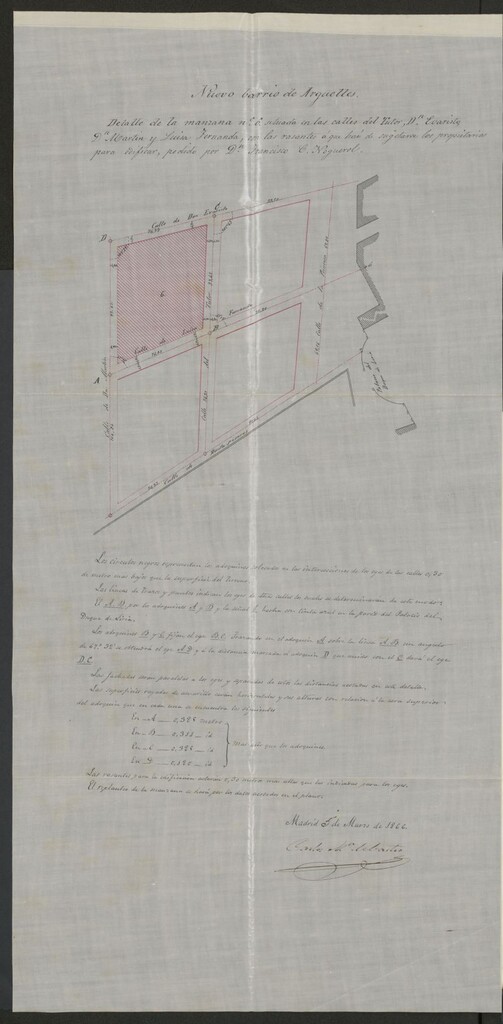 Miniatura de D. Francisco Noguerol, en solicitud de licencia para construir de nueva planta en la manzana 6 del Barrio de Argüelles.