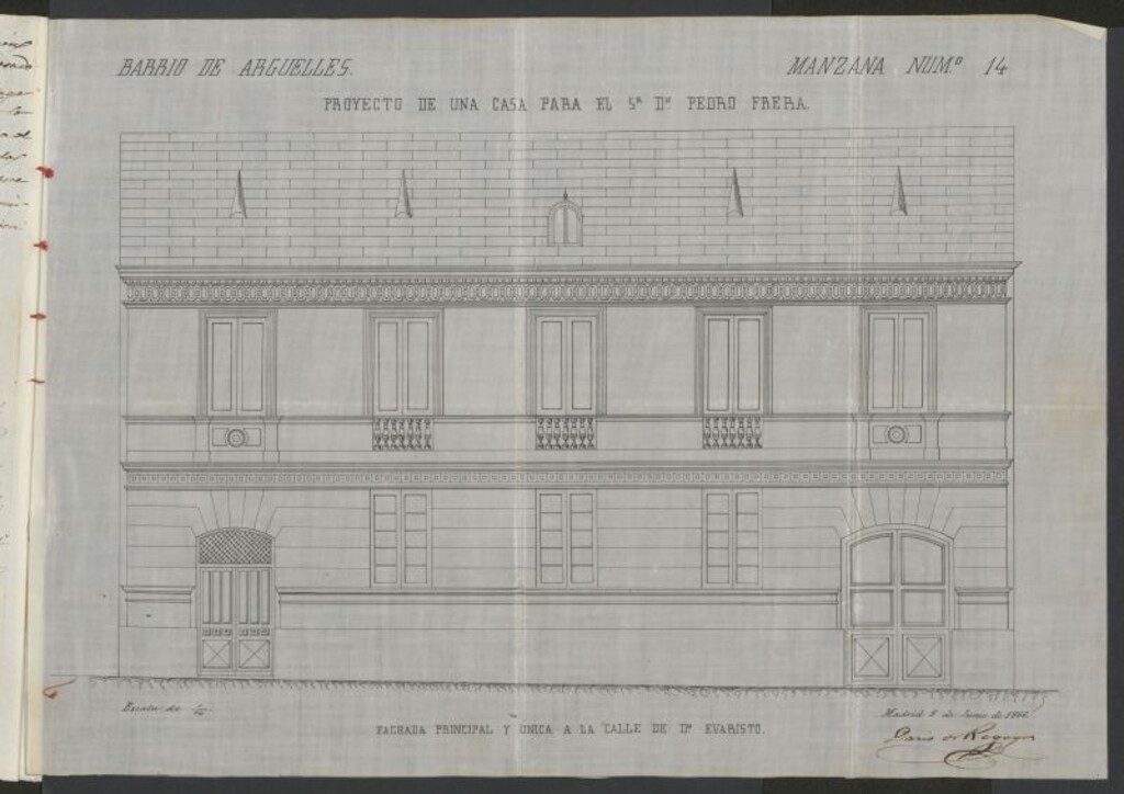 Miniatura de D. Pedro Freva, en solicitud de licencia para construir de nueva planta en la manzana 14, del nuevo Barrio de Argüelles, con fachada a la calle de D. Evaristo.