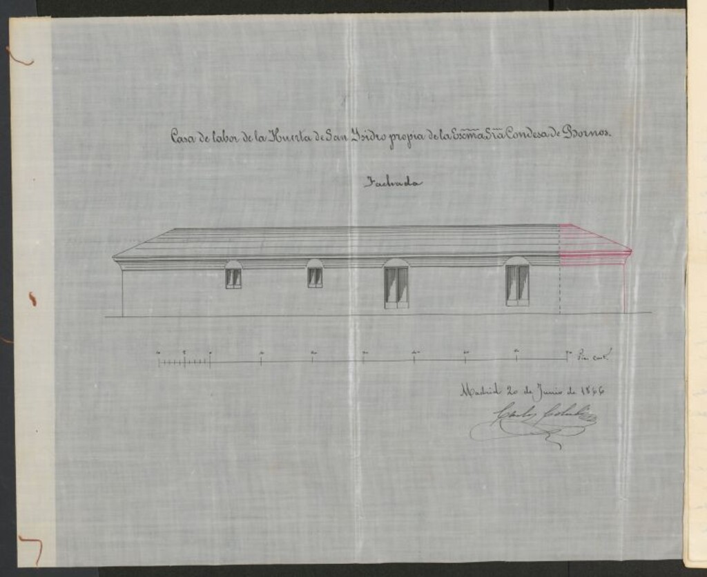 Miniatura de D. Laureano de Albaladejo, en solicitud de licencia para construir de nuevo un ángulo de la casa sita en la Huerta de S. Isidro del Campo con fachada a la calle de la Urraca, propia de la Sra. condesa de Bornos.