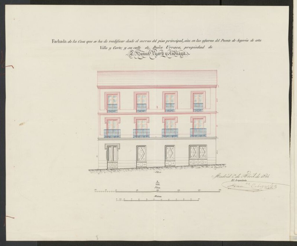 Miniatura de D. Manuel de Ugarte y Anduaga, en la solicitud de licencia para levantar dos pisos en su casa sita en las afueras del Puente de Segovia nº 1 , con vuelta a la calle de Dª Urraca.