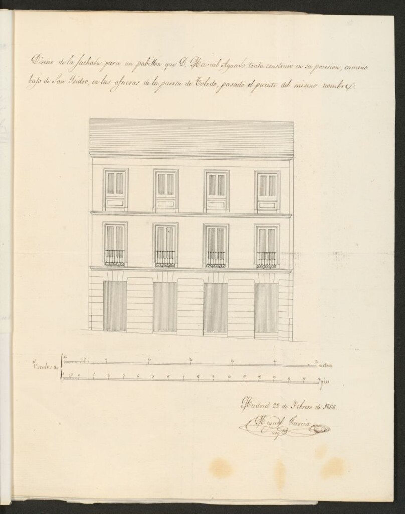 Miniatura de D. Manuel Aguado, en solicitud de licencia para construir un Pabellón en la parte norte de su posesión, sita en el camino de los Carabancheles y el bajo de S. Isidro, afueras de la Puerta de Toledo.