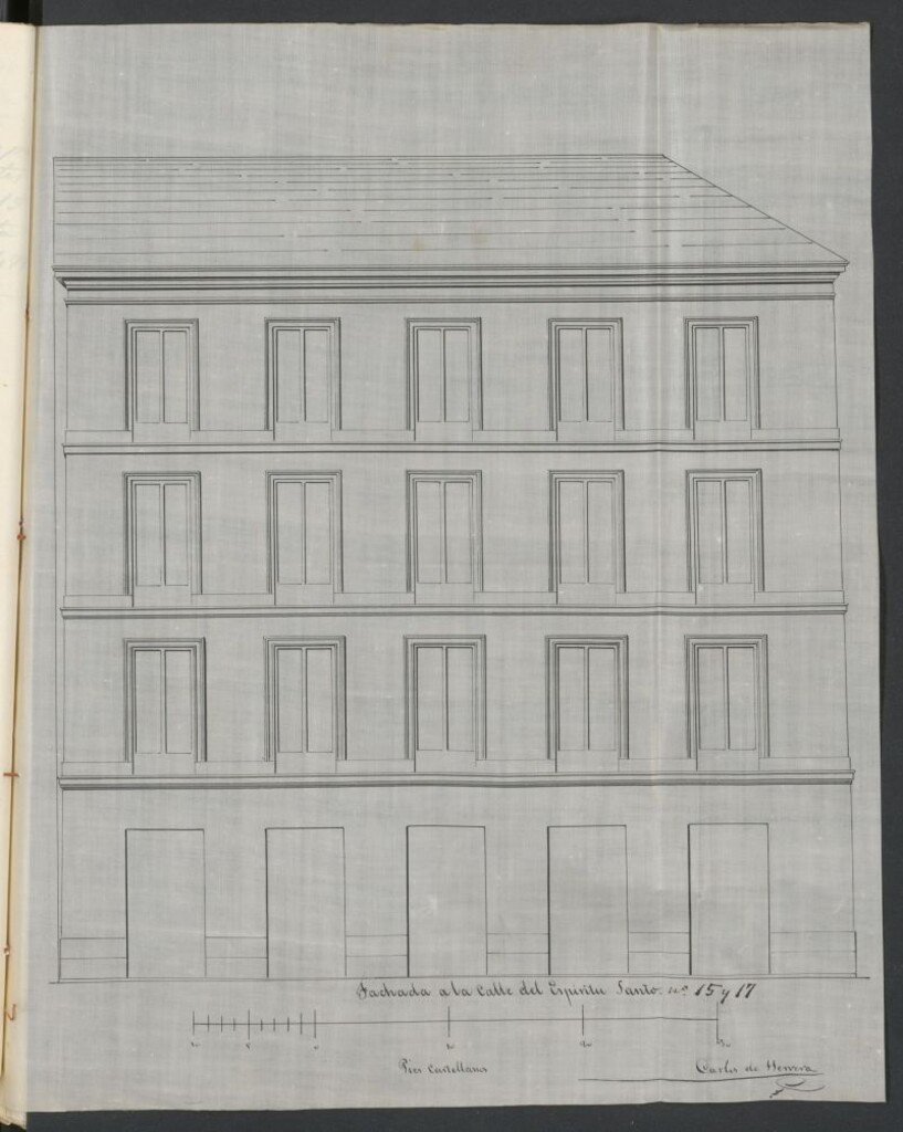 Miniatura de D. Tomás Garcia, para construir de nueva planta su casa calle del Rubio nº 28, con vuelta a la del Espíritu Santo nº 17, manzana 471, y autorizándole para hacer uso de un sobrado ya construido en el piso de abajo.