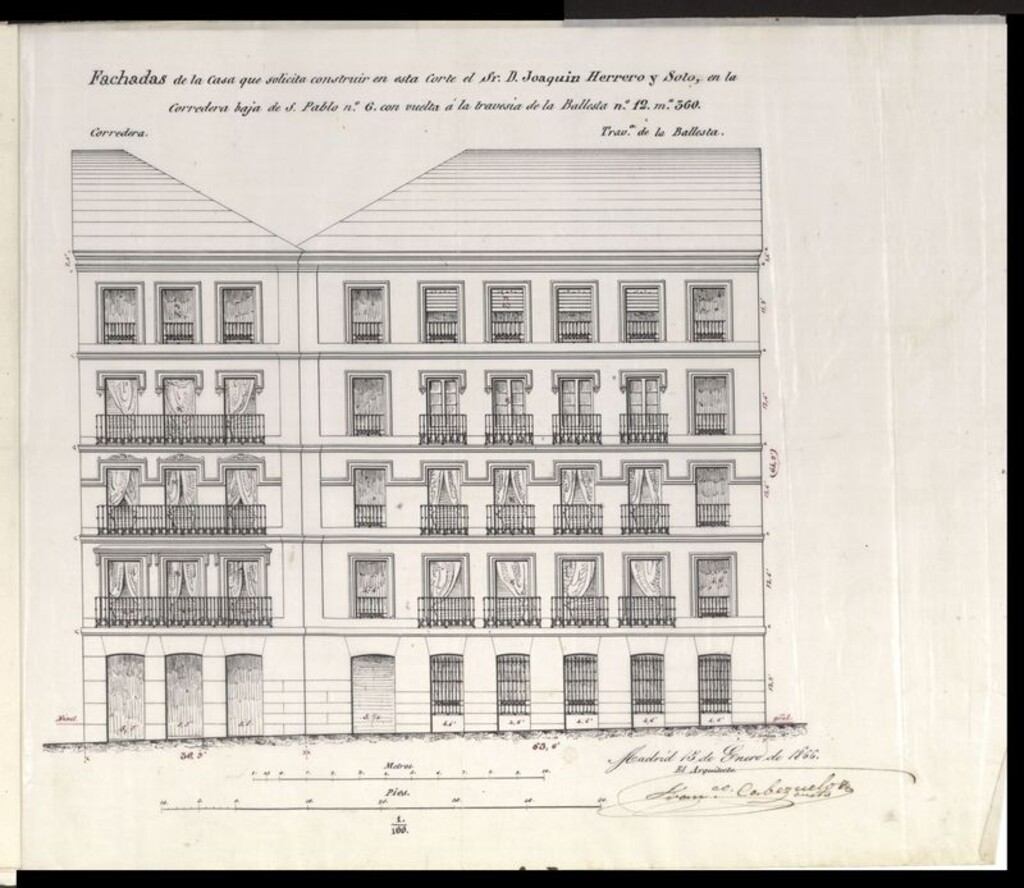 Miniatura de D. Joaquín Herrero y Soto, en solicitud de licencia para reedificar su casa corredera Baja de S. Pablo nº 6 moderno, con vuelta a la Travesía de la Ballesta nº 12, manzana 360.