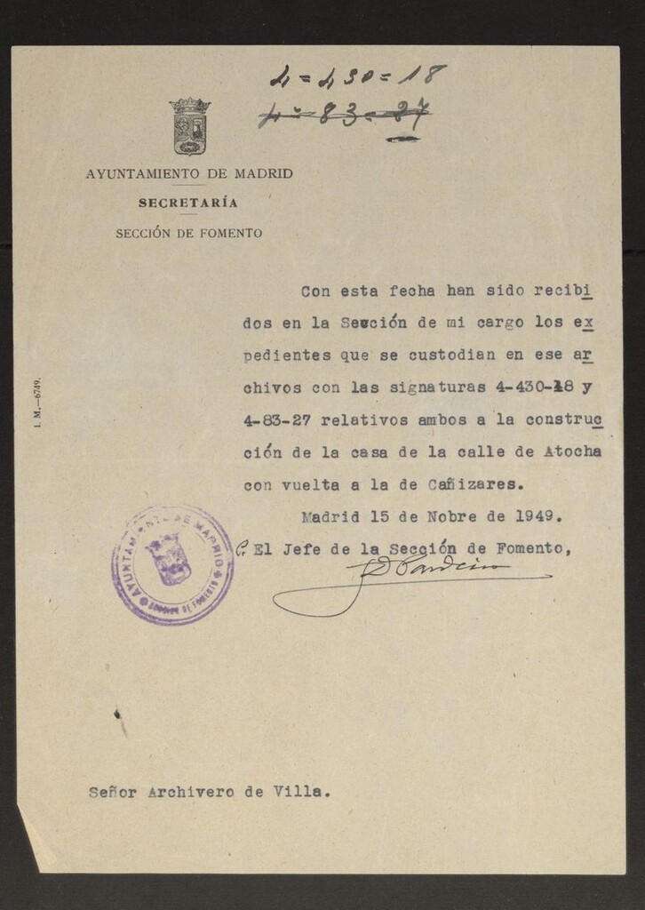 Miniatura de Secretaria - Sección de Fomento. Acuse de recibo de los expedientes 4-430-18 y 4-83-27