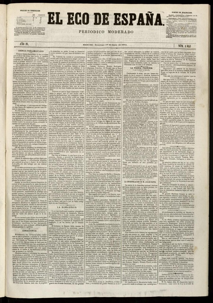 Miniatura de El Eco de España del 27 de julio de 1873