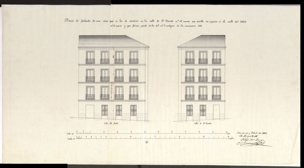 Miniatura de D. Matías de Escalada, en solicitud de licencia para construir de nueva planta una casa calle de S. Vicente Baja nº 28 moderno, con vuelta a la del Norte nº 6 , manzana 503.