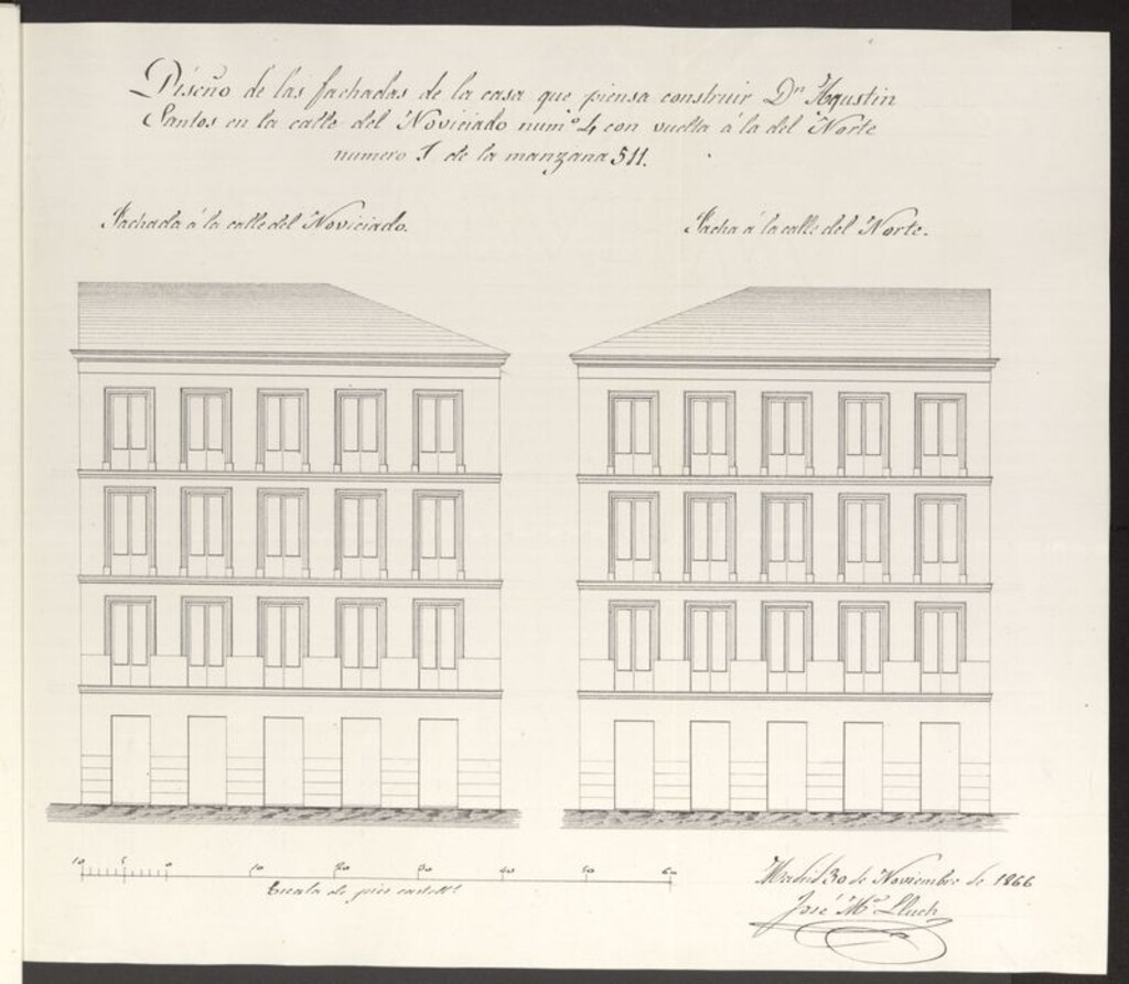 Miniatura de D. Agustín Santos, para edificar en la calle del Noviciado, nº 4, con vuelta a la del Norte. nº 1.