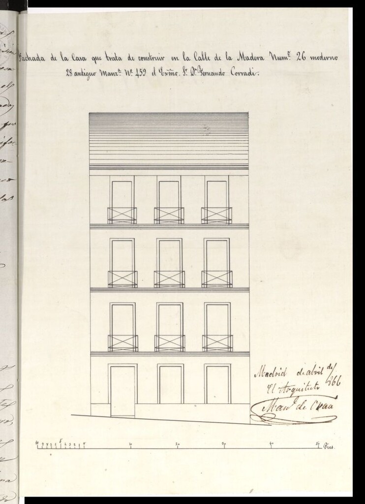 Miniatura de D. Fernando Corradi, en solicitud de licencia para construir de nueva planta, su casa sita en la calle de la Madera nº 26 moderno, manzana 459.