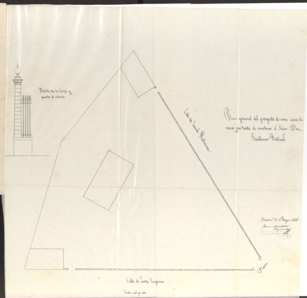 Miniatura de Sobre conceder a D. G. Rollano, licencia para cercar con verja de hierro sobre zócalo de piedar y ladrillo, un terreno de su propiedad en la confluencia de la calle de Sta. Engracia, Pº de Gral. Wintkhuissent plaza de Sta. Bárbara.
