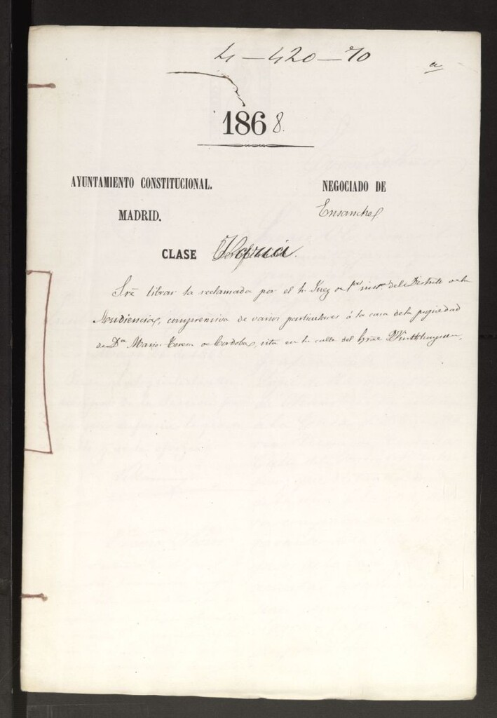 Miniatura de Sres. librar la reclamada por el Sr. Juez de 1ª Instancia del Distrito de la Audiencia, comprensiva de varios particulares a la casa de la propiedad de Dª María Teresa de Córdoba, sita en la calle de Gral. Winhuissen.