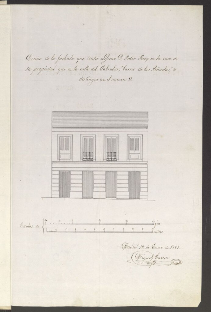 Miniatura de D. Pedro Pérez, dueño de un terreno en la calle del Labrador nº 11 del barrio de las Peñuelas, en solicitud de licencia para levantar hasta la altura del piso principal.