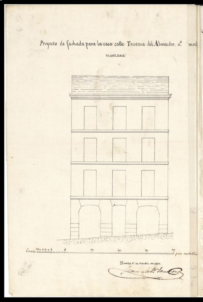 Miniatura de D. Juan Antonio Sánchez, para construir de nueva planta en el solar sito en la Travesía del Almendro nº 7 moderno y parte del 13 antiguo, manzana 150.